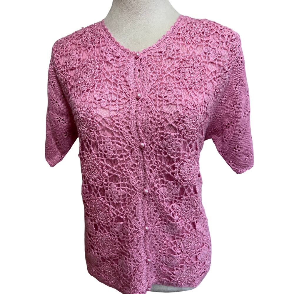 Vintage Jaclyn Smith Pink Crochet Floral Short Sleeve Cardigan Pearl Buttons M